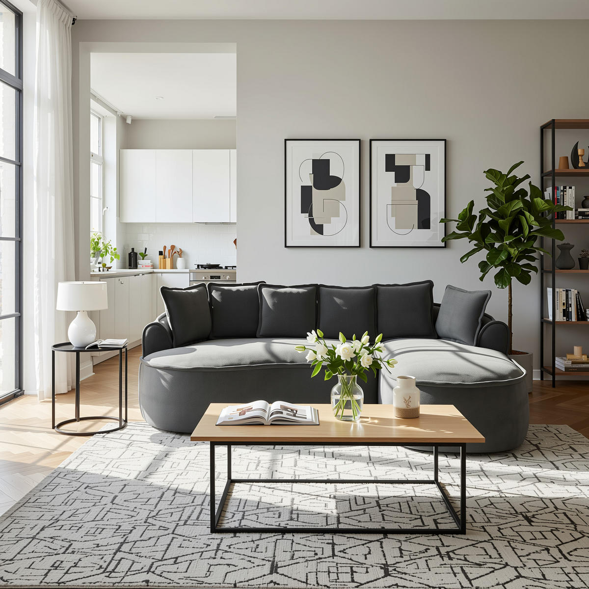 ECKSOFA chenille mit extra tiefer chaiselongue & rahmenlosem design - Grau, Textil (252/164cm) - Urban Meuble