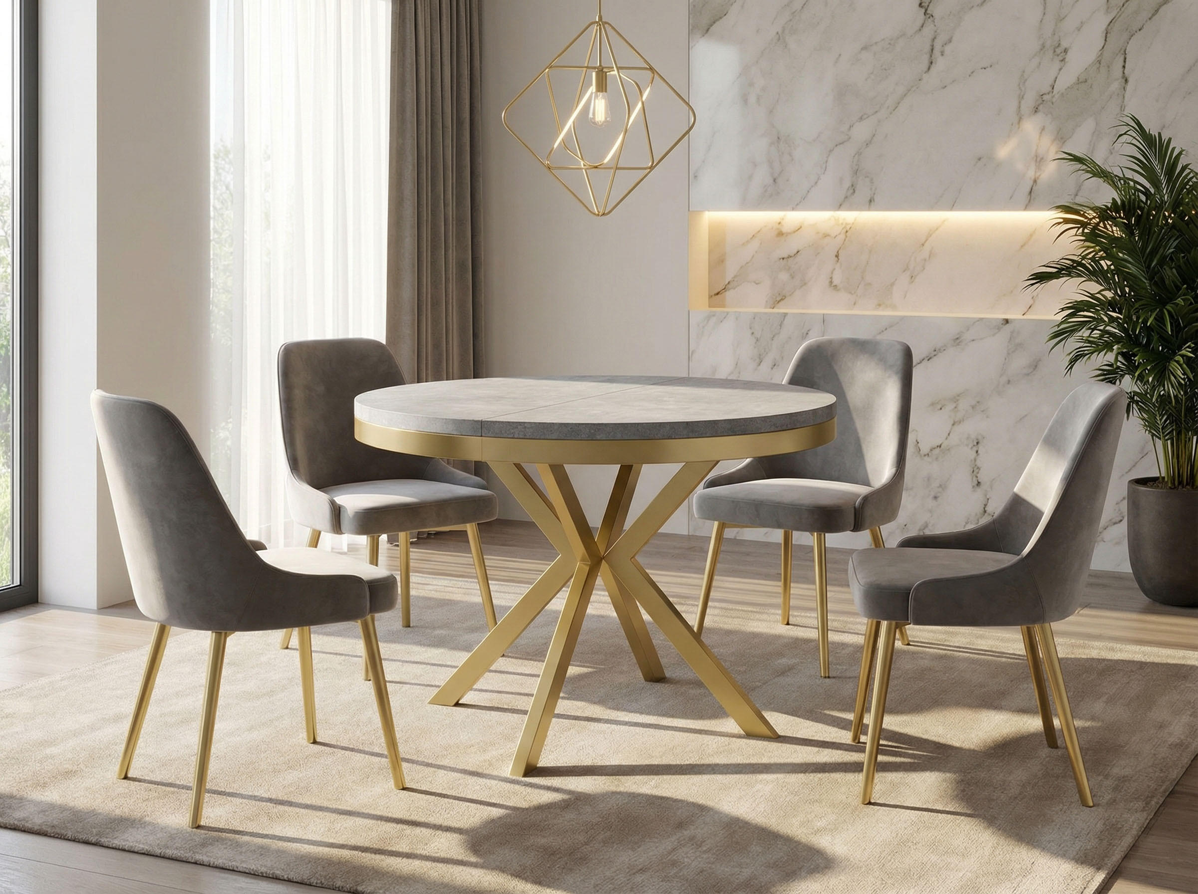 ESSTISCH Dina runder ausziehbarer, Grauer Beton 90-170/90/76 cm - Goldfarben/Hellgrau, Holzwerkstoff/Metall (90/90/76cm) - WFL GROUP