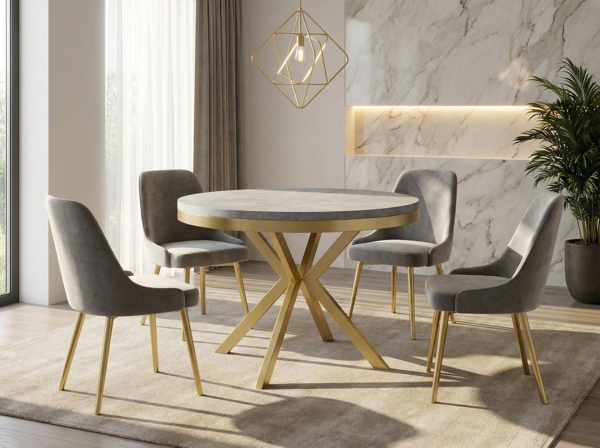 ESSTISCH Dina runder ausziehbarer, Grauer Beton 90-170/90/76 cm - Goldfarben/Hellgrau, Holzwerkstoff/Metall (90/90/76cm) - WFL GROUP