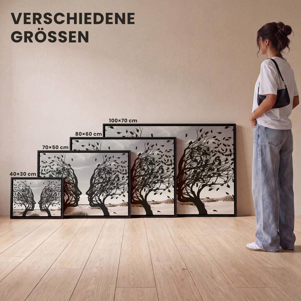 LEINWAND Bilder mit Rahmen - Strand - Meer - Menschen - Baum - Moderne Kunst - 80x60 - Hellgrau, Textil (80/60cm) - MuchoWow