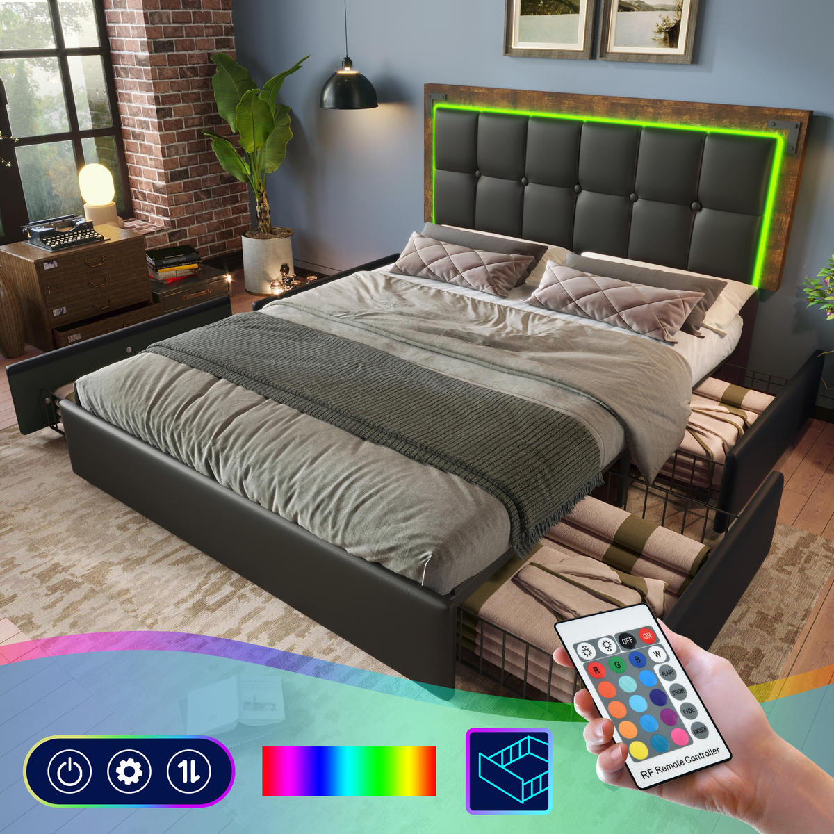 POLSTERBETT 160/200 cm Schwarz mit LED-Beleuchtung und 4 Schubladen mit Matratze - Schwarz, Kunststoff (160/200cm) - OKWISH