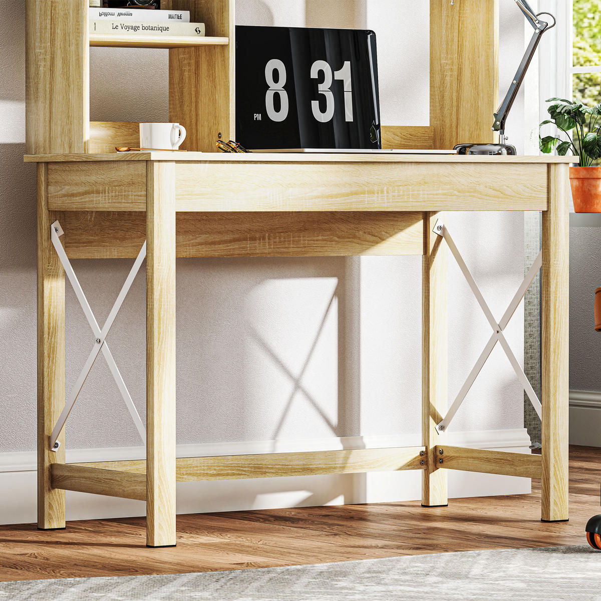 SCHREIBTISCH DE-14879 2-in-1 mit Bücherregal & 4 Fächern Eiche - Eichefarben, Holzwerkstoff (105/50/137.5cm) - ComfortXL