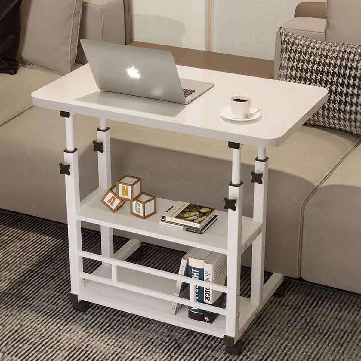LAPTOPTISCH mit Rollen Ablageflächen und feststellbaren Höheverstellbar aus MDF in Weiß - Weiß, Metall (60/37/90cm) - Livingandhome
