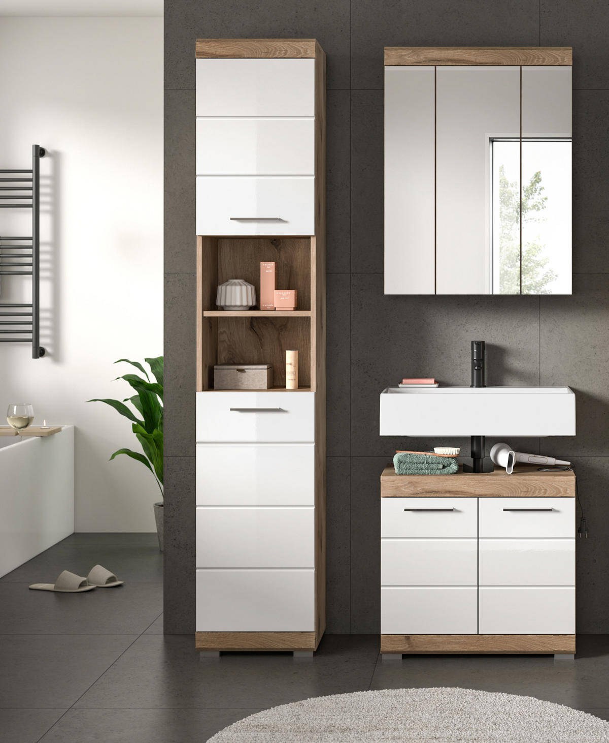 BADMÖBEL-SET weiß Hochglanz, Eiche 3-teilig 112 cm mit viel Stauraum - Weiß Hochglanz/Eichefarben, Glas/Holzwerkstoff (112/191/34cm) - Inn.Furn