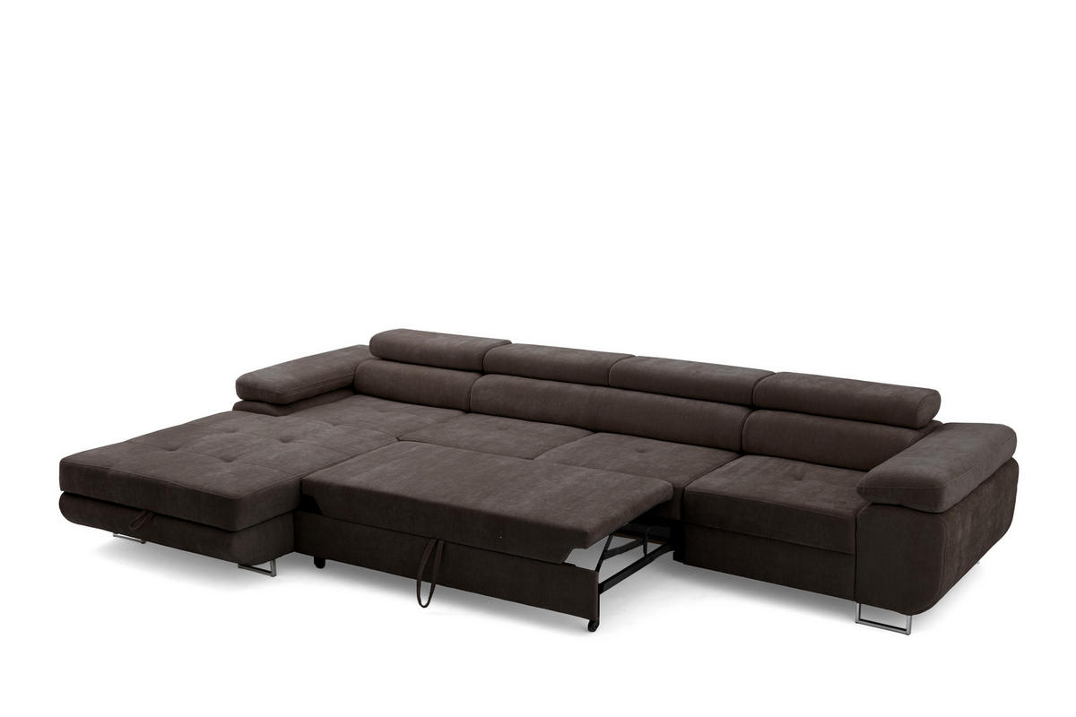ECKSOFA ALONZO MAXI Links mit Schlaffunktion 125x195 Chenille Dunkelbraun - Chromfarben/Dunkelbraun, Holz/Textil (350/203cm) - Muffo