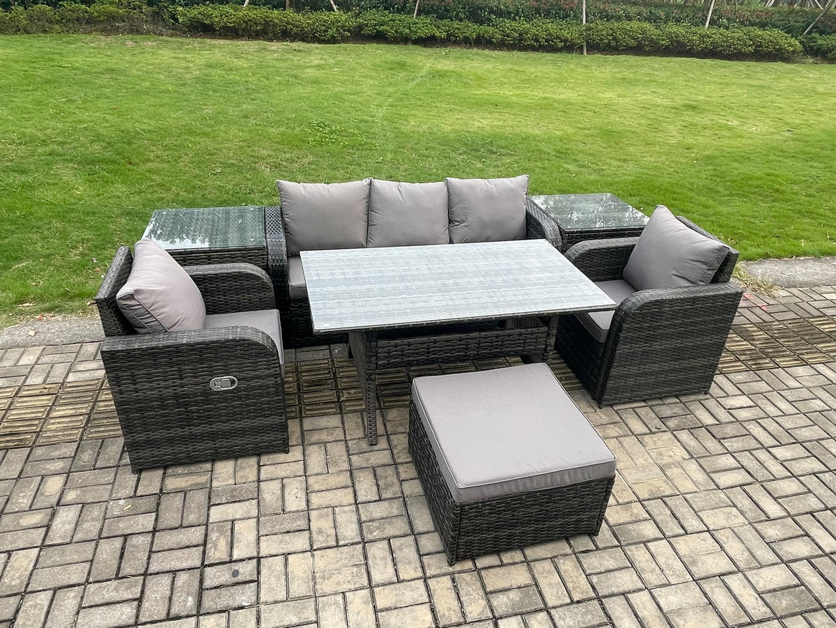 GARTENSET mit 3-Sitzer-Sofa,Beistelltischen,Esstisch Polyrattan 6-Sitzer - Dunkelgrau/Grau, Glas/Kunststoff - Fimous