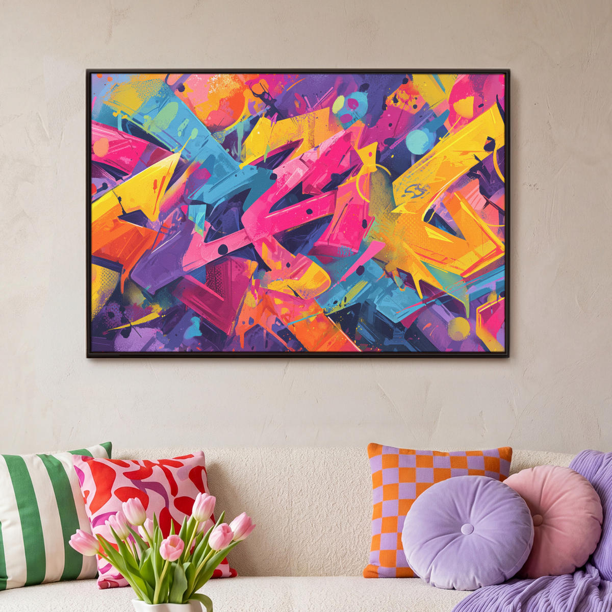 LEINWAND Bilder mit Rahmen - Abstrakt - Formen - Farbenfroh - 90x60 - Magenta, Textil (90/60cm) - MuchoWow