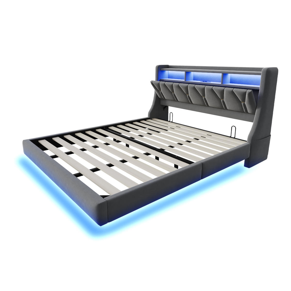 POLSTERBETT 180/200 cm DE-01666, in Grau, mit Klappkopfteil, Steckdose und LED-Beleuchtung - Grau, Holzwerkstoff (180/200cm) - ComfortXL