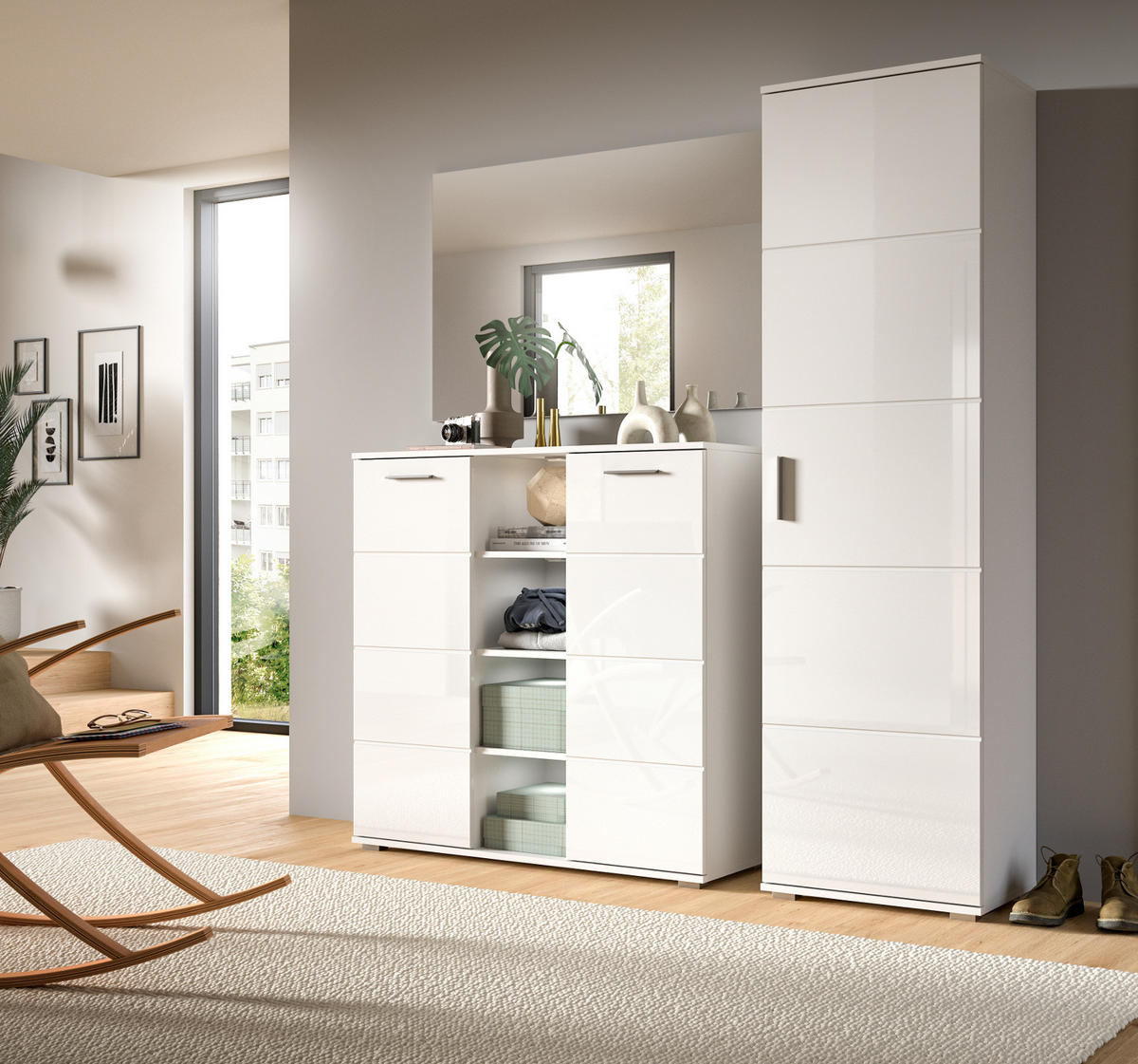 GARDEROBE Set 3-teilig weiß Hochglanz 180 cm, Kombination mit 13 Fächern - Weiß Hochglanz/Silberfarben, Glas/Holzwerkstoff (180/191/37cm) - Inn.Furn