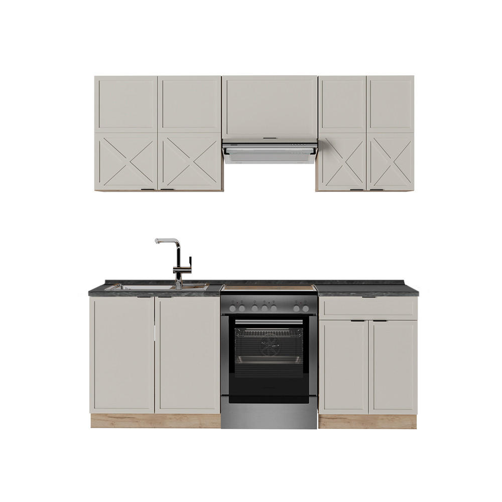 KÜCHENZEILE Fame-Line GrauBeige/Goldkraft Eiche 200 cm, AP Anthrazit - Honigeiche/Grau, Holzwerkstoff (200/81.6/60cm) - Vicco