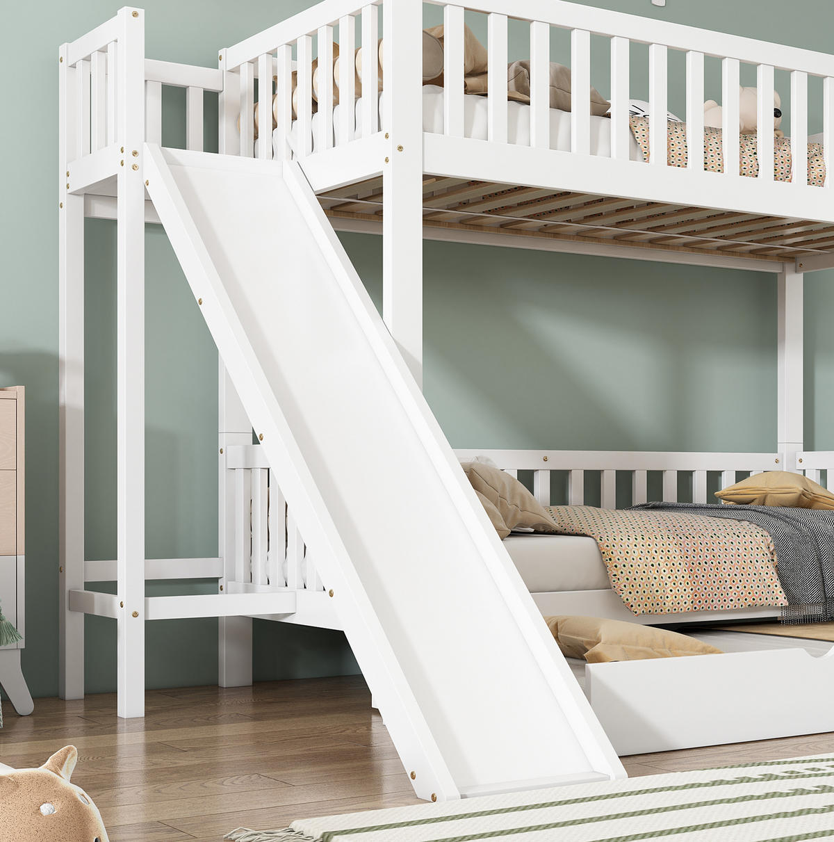 ETAGENBETT 90/200 cm mit Rollbett 90/190 cm, Rutsche und Regalen, Weiß - Weiß, Holzwerkstoff (90/200cm) - BEAOK