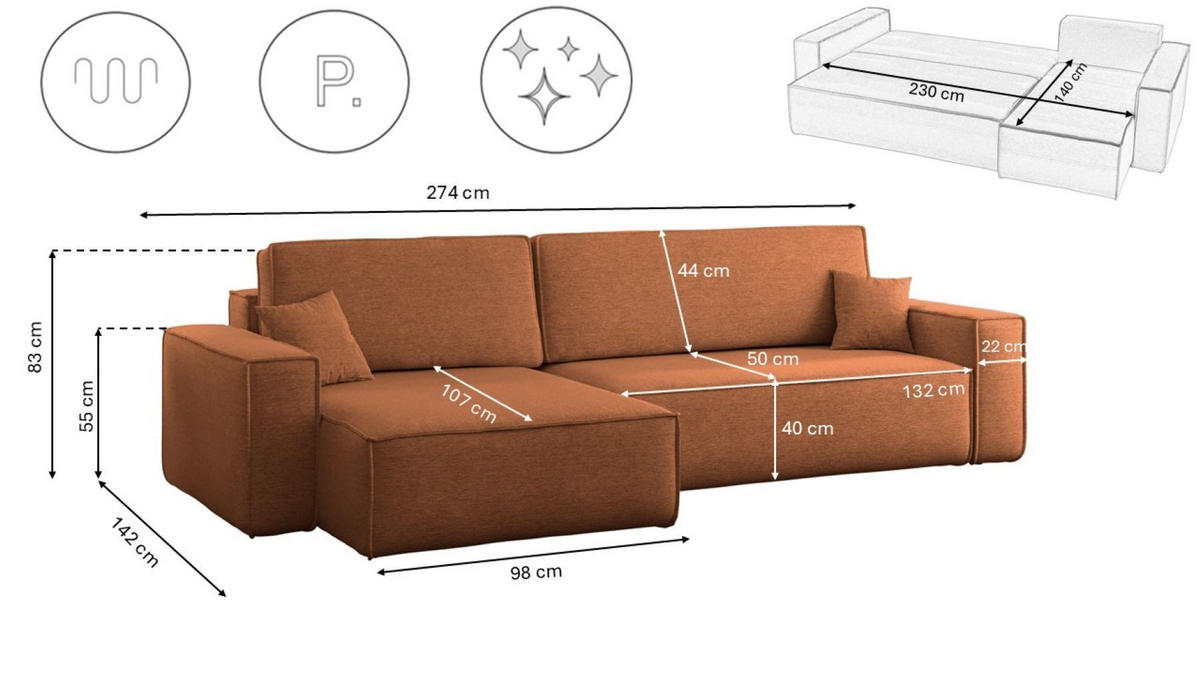 ECKSOFA Mit Schlaffunktion Und Bettkasten, Eckcouch Best XL Stoff Verita Kupfer Links - Kupferfarben, Holz (145/274cm) - Kaiser Möbel