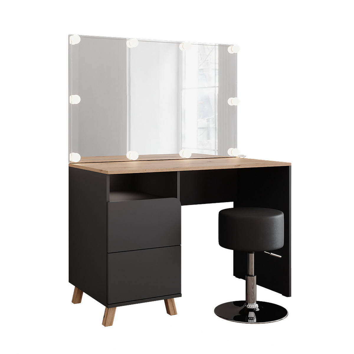 SCHMINKTISCH Karen Anthrazit/Artisan 110 cm mit Hocker und LED-Lichterkette - Anthrazit/Eiche Artisan, Holzwerkstoff (110/75/55cm) - Vicco