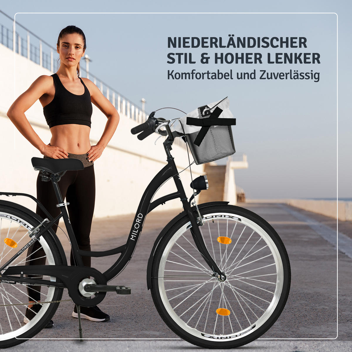 CITY-FAHRRAD Milord mit Metallkorb, 28 Zoll, Schwarz, 7-Gang - Schwarz, Metall (46cm) - Milordbikes