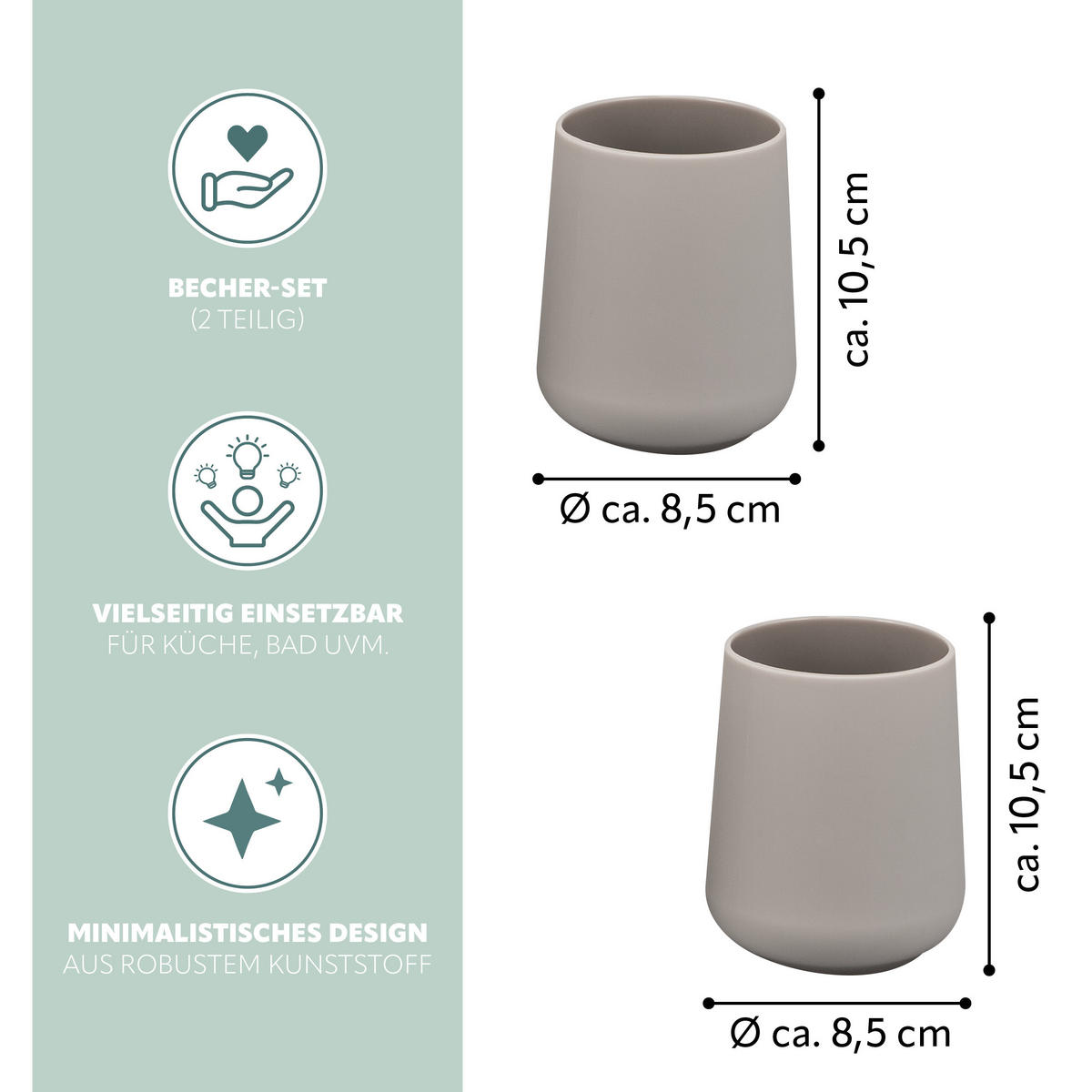 BECHER-SET TESERO 2tlg., Soft-Touch, taupe - Taupe, Kunststoff (8.5/10.5/8.5cm) - eluno