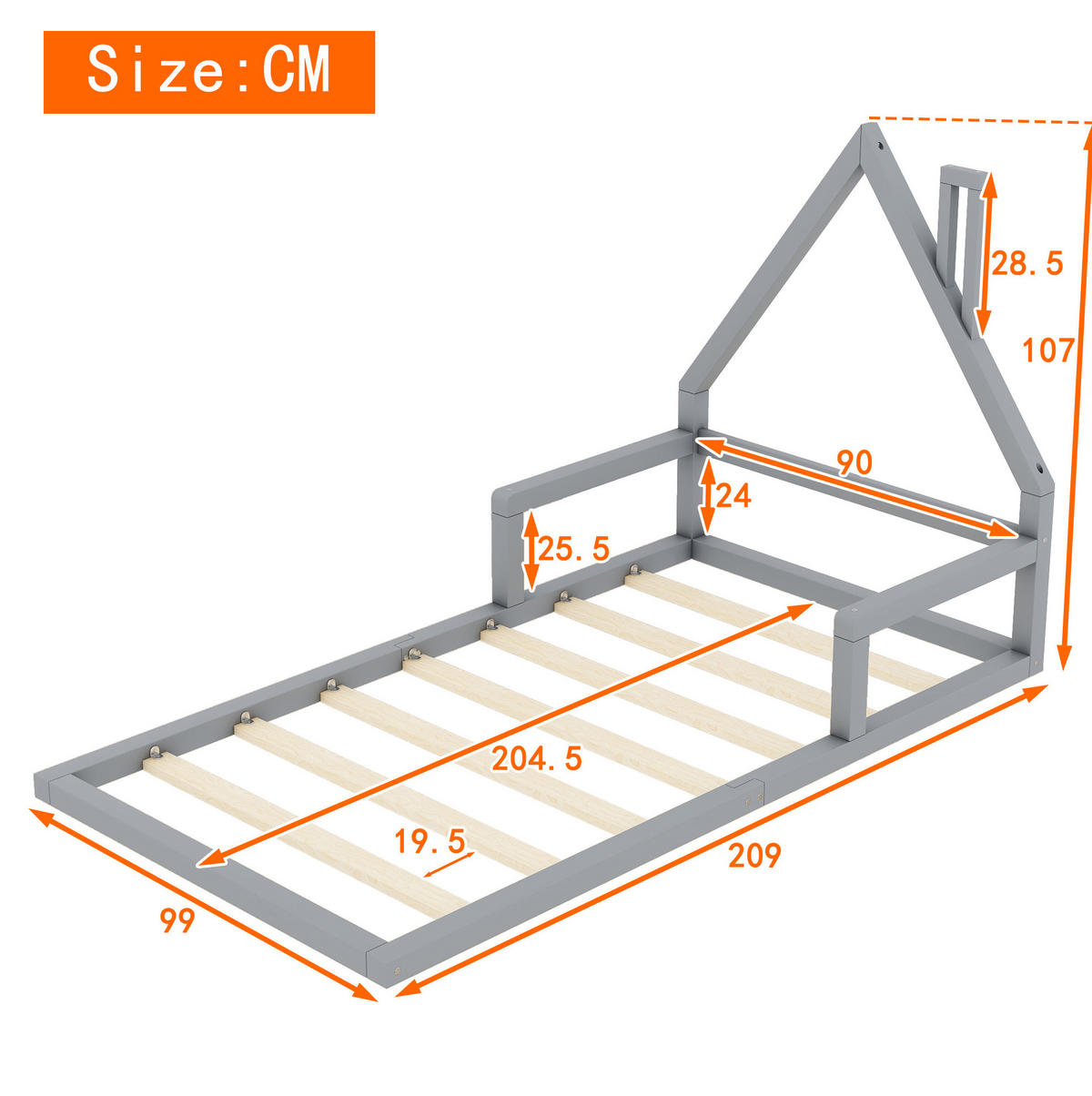 KINDERBETT 90/200 cm in Hausform aus Kiefernholz und MDF, Grau - Grau, Holz (90/200cm) - BEAOK