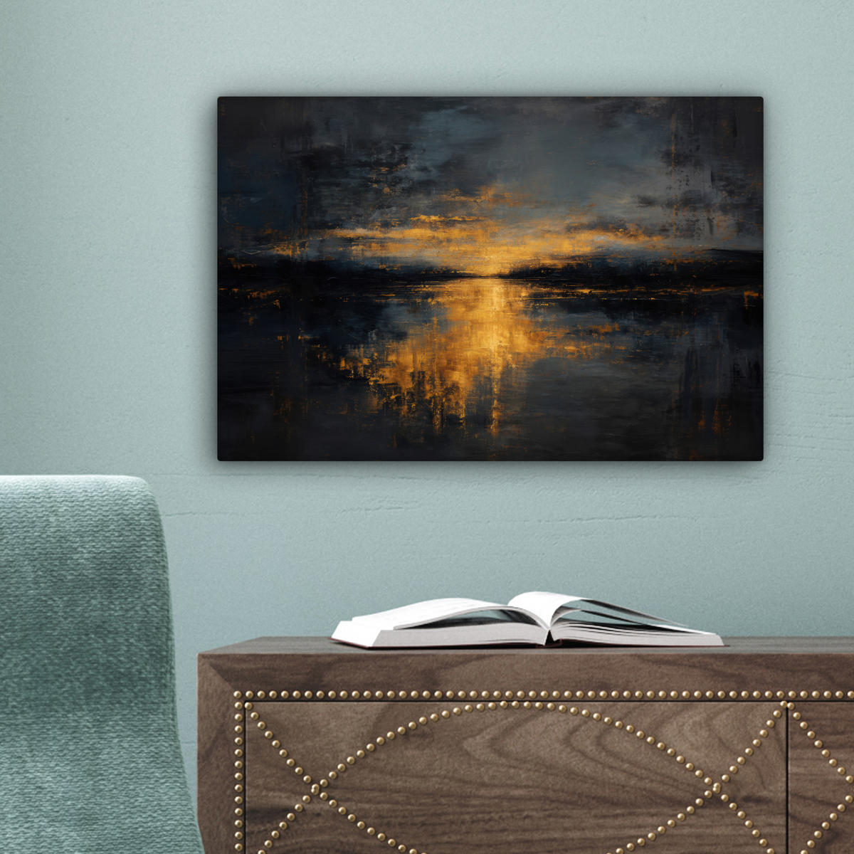 LEINWANDBILD Goldene Reflexion auf dem Wasser Deko Schlafzimmer 30x20 cm - Anthrazit, Textil (30/20cm) - MuchoWow