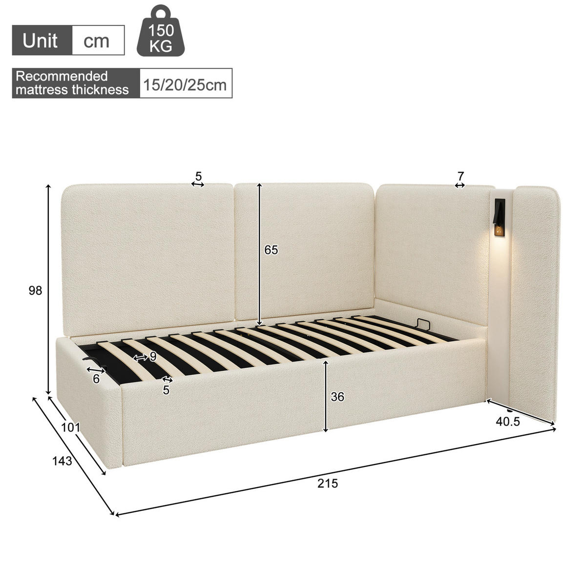 KINDERBETT Polsterbett 90/200 cm aus Bouclé mit hydraulischem Stauraum, USB-C-Anschluss und Leselampe Beige - Beige, Textil (90/200cm) - Modenvie