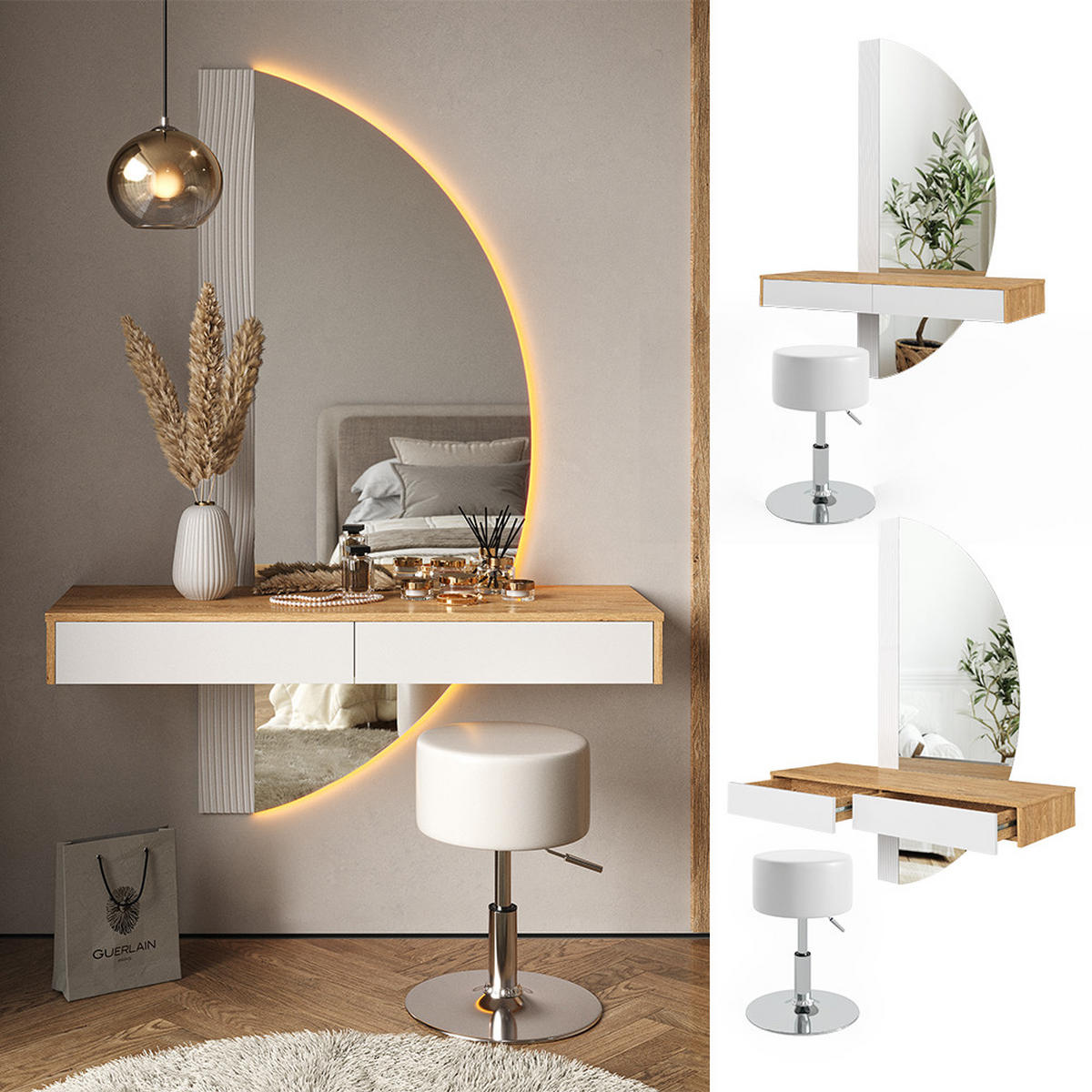SCHMINKTISCH Melisa Weiß 120 cm mit LED Beleuchtung und Hocker - Eichefarben/Weiß, Holzwerkstoff (120/161.1/40cm) - Vicco