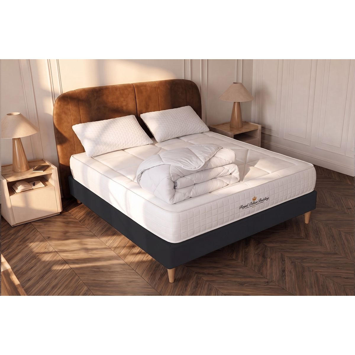 BETT Windsor Taschenfederkern und Memory-Schaum 180 x 200 cm h1 - Kit Bettgestell Schwarz - Mit Kissen und Bettdecke - Beige/Schwarz, Karton/Holz (180/200cm) - ROYAL PALACE BEDDING