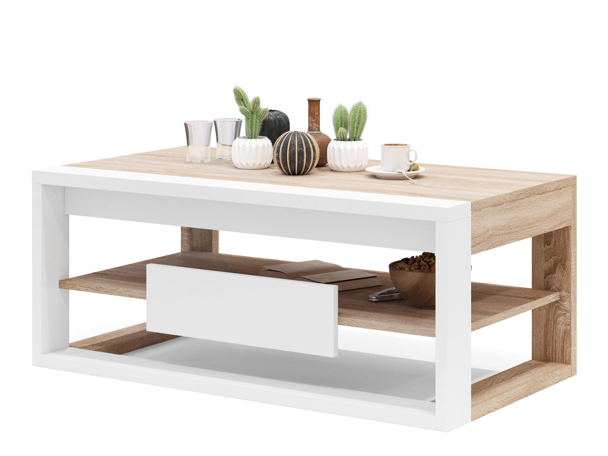 COUCHTISCH rechteckig Sonoma Eiche Weiß aufklappbar - Weiß/Sonoma Eiche, Holzwerkstoff (60/110/45cm) - designimpex