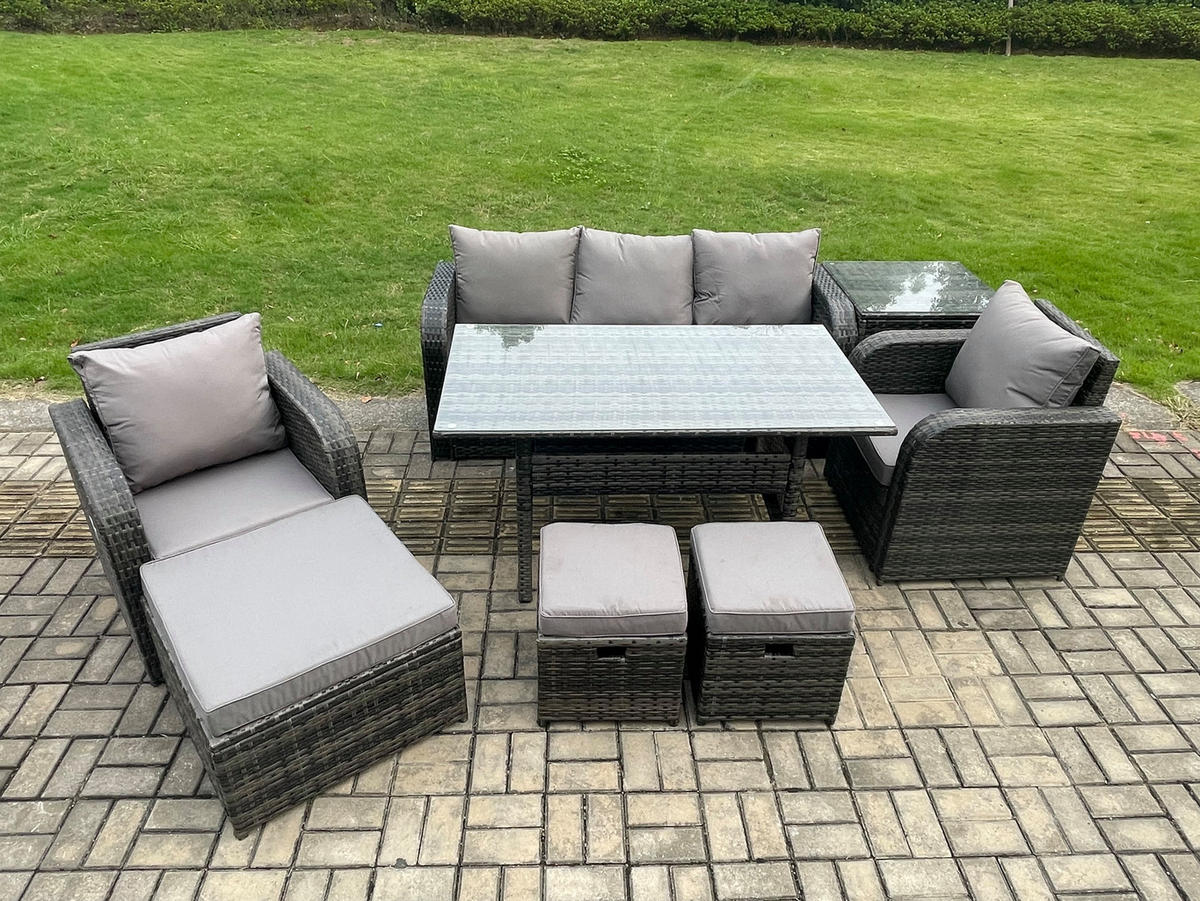 GARTENSET mit 3-Sitzer-Sofa,Beistelltisch,Esstisch Polyrattan 8-Sitzer - Dunkelgrau/Grau, Glas/Kunststoff - Fimous