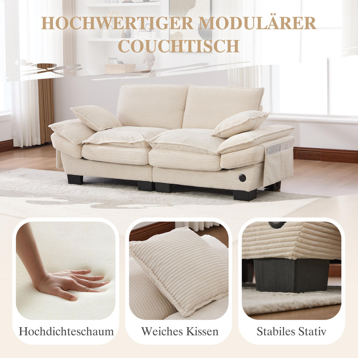 2-SITZER SOFA Cord Beige mit USB-C und Seitentaschen - Beige, Holzwerkstoff/Kunststoff (190/84/73cm) - WISHDOR