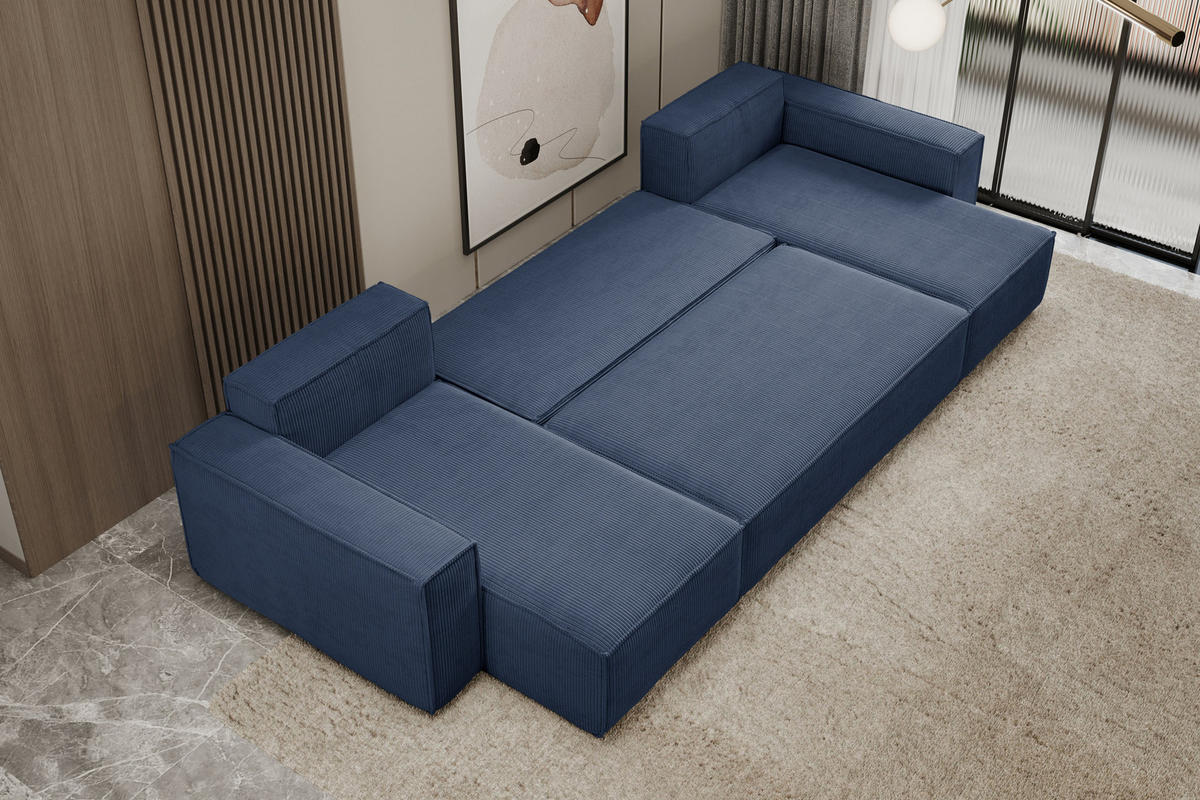 WOHNLANDSCHAFT Hugo U-Form Cordstoff mit Schlaffunktion und Bettkasten - Dunkelblau, Textil (312/83/142cm) - VENASI MÖBEL