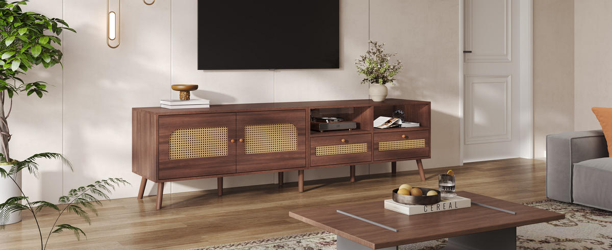 TV-LOWBOARD in Braun mit 2 Rattantüren und 2 Schubladen 200/37/49.5 cm - Braun, Holzwerkstoff (200/49.5/37cm) - Redom