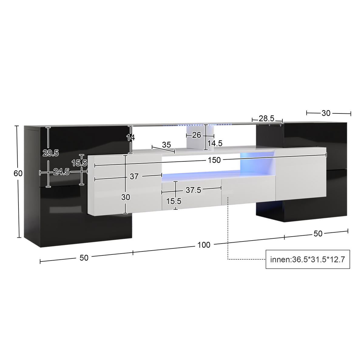 TV-SCHRANK 200cm Modern Hochglanz Weiß-Schwarz LED-Beleuchtung - Schwarz, Holz (40/35/63cm) - FLIEKS