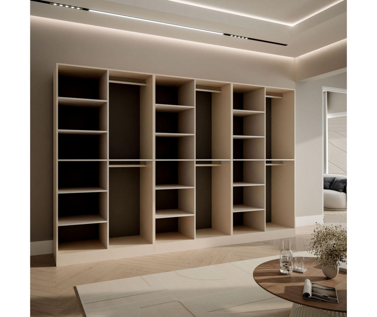 KLEIDERSCHRANK SANDBOX KASHMIR 300 303/49/200 cm Kaschmir / Kaschmir + geriffeltes Glas mit LED 12 Zusatzböden - Kaschmir/Transparent, Holzwerkstoff/Kunststoff (303/200/49cm) - Lookway