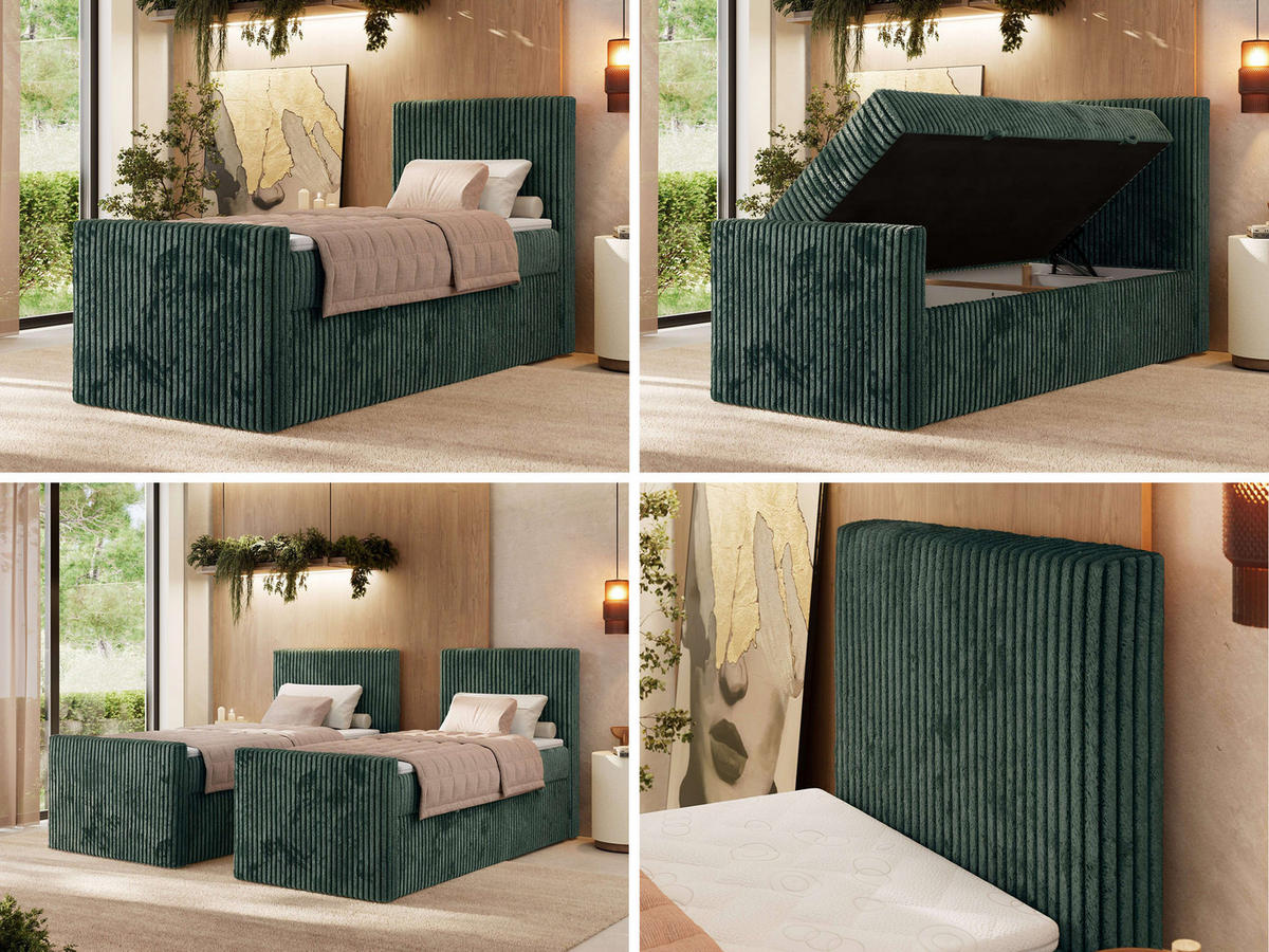 BOXBETT TILIANO DUO 90/200 - Dunkelgrün Cord - H4 - Topper Visco - Rechts Seite - Dunkelgrün, Textil (90/200cm) - MKS