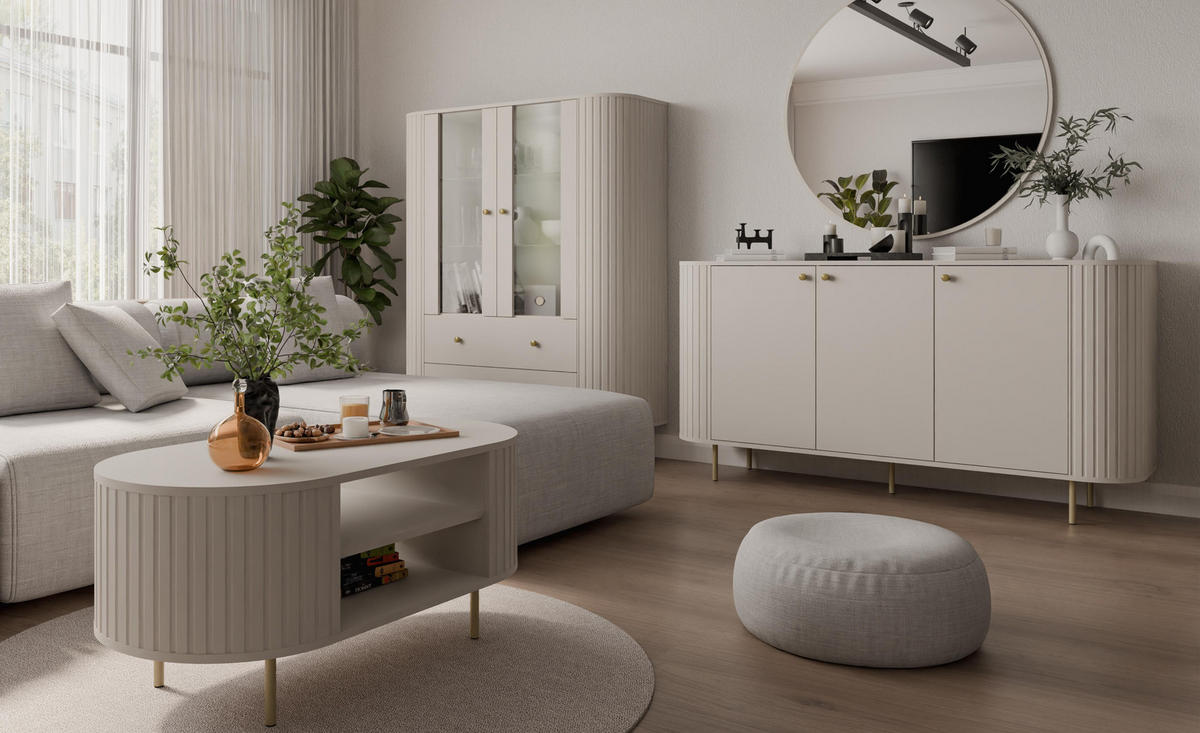 LOWBOARD Halay Beige, 2 Türen Moderne Rillenstruktur 123 cm, mit runden Kanten - Beige/Goldfarben, Holzwerkstoff/Metall (123/50/42.3cm) - AX Living