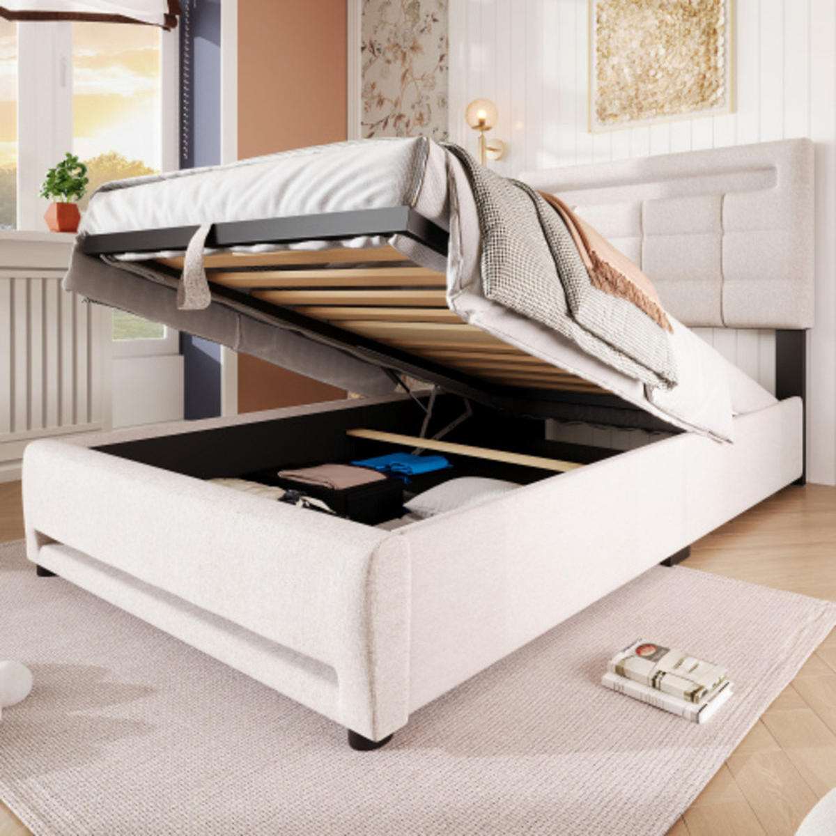 POLSTERBETT 90 × 200 cm mit Leinenbezug, hydraulischem Stauraum, 16-Farben-LED-Leiste und USB-Anschluss, beige - Beige, Textil (90/200cm) - Luhomfu