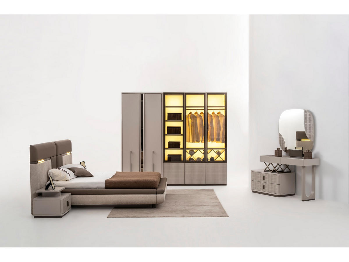 BETTANLAGE ROENESANS Schlafzimmer-Set, 5-teilig, Creme, Bett mit Kopfteil, 2 Nachttische, Kleiderschrank und Kommode - Creme, Holzwerkstoff (160/200cm)