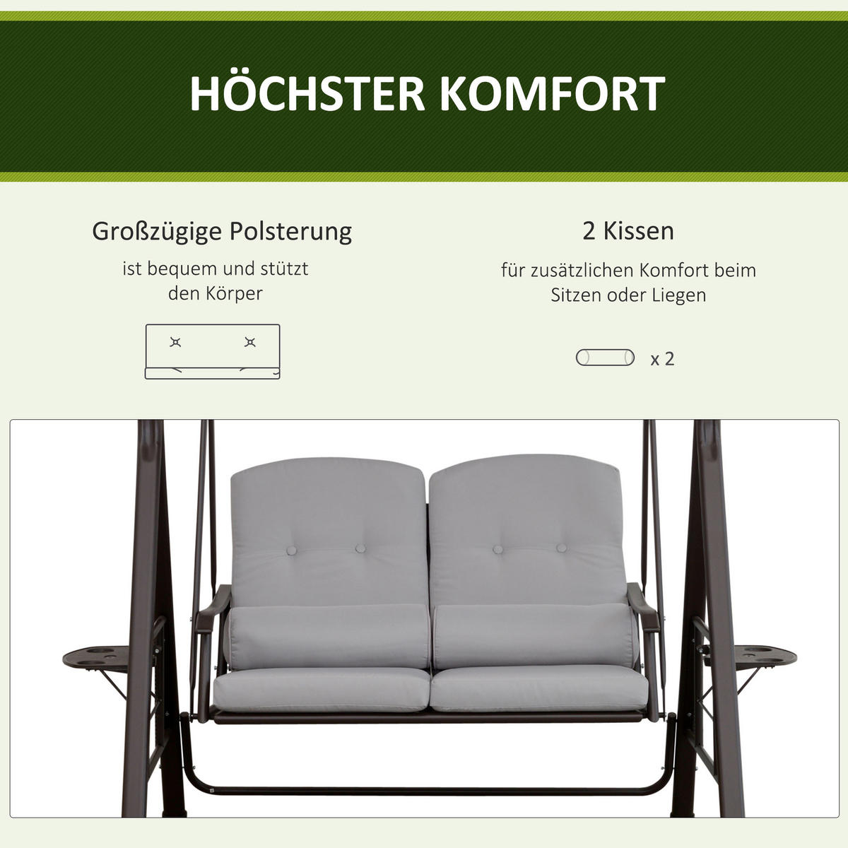 GARTENSCHAUKEL 2-Sitzer mit Sonnendach Kissen Tablett Metall Kunststoff Grau - Grau, Kunststoff/Metall (220/173/162cm) - Outsunny