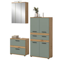 BADMÖBEL-SET 3-teilig Salbei grün, Artisan Eiche 147 cm, Badkombination inklusive LED Beleuchtung - Salbeigrün/Schwarz, Glas/Holzwerkstoff (147/191/34cm) - Inn.Furn