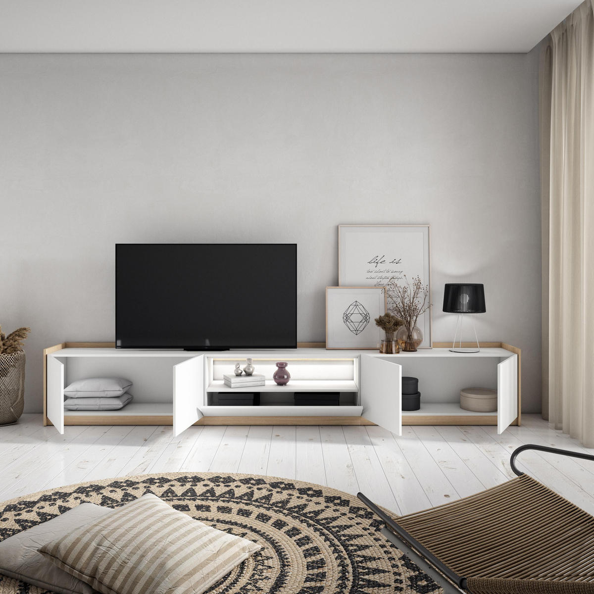 LOWBOARD, Weiß und Eiche, 310/37/50cm, mit Led - Weiß, Holzwerkstoff (310/50/37cm) - Skraut Home