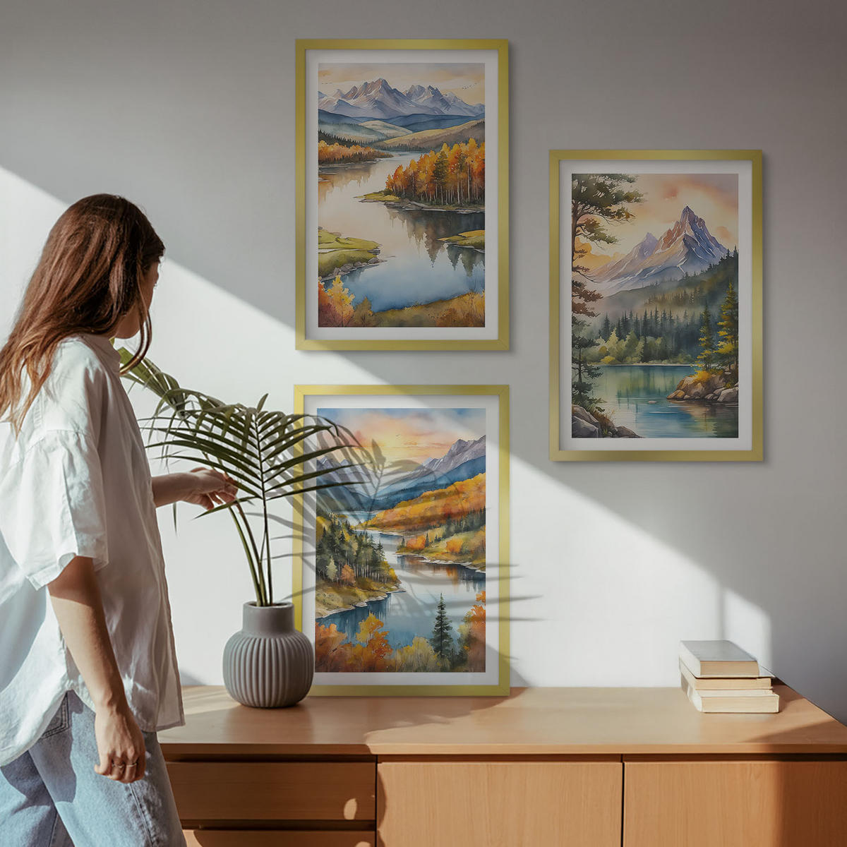 BILDER SET 3er Set - 40x60 cm Goldrahmen - Berglandschaften mit einem Fluss - Goldfarben, Kunststoff (40/60cm) - TULUP
