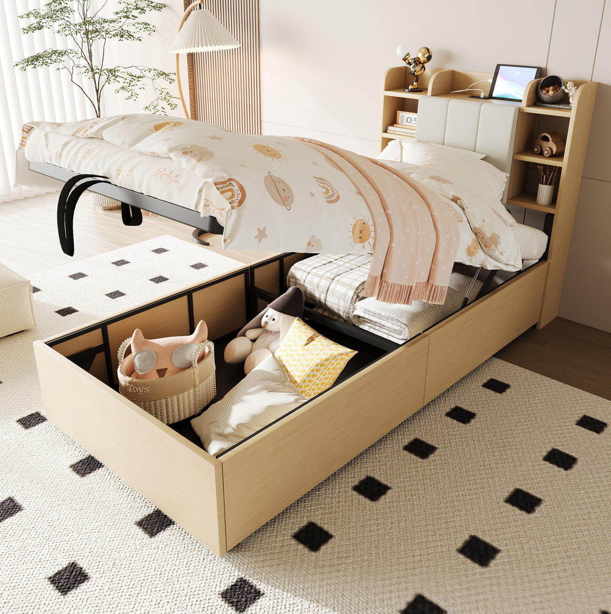 BETT 90/200 cm mit Kopfteil und Bettkasten – inkl. Lattenrost, USB-Anschluss - Naturfarben, Holzwerkstoff (90/200cm) - BEAOK