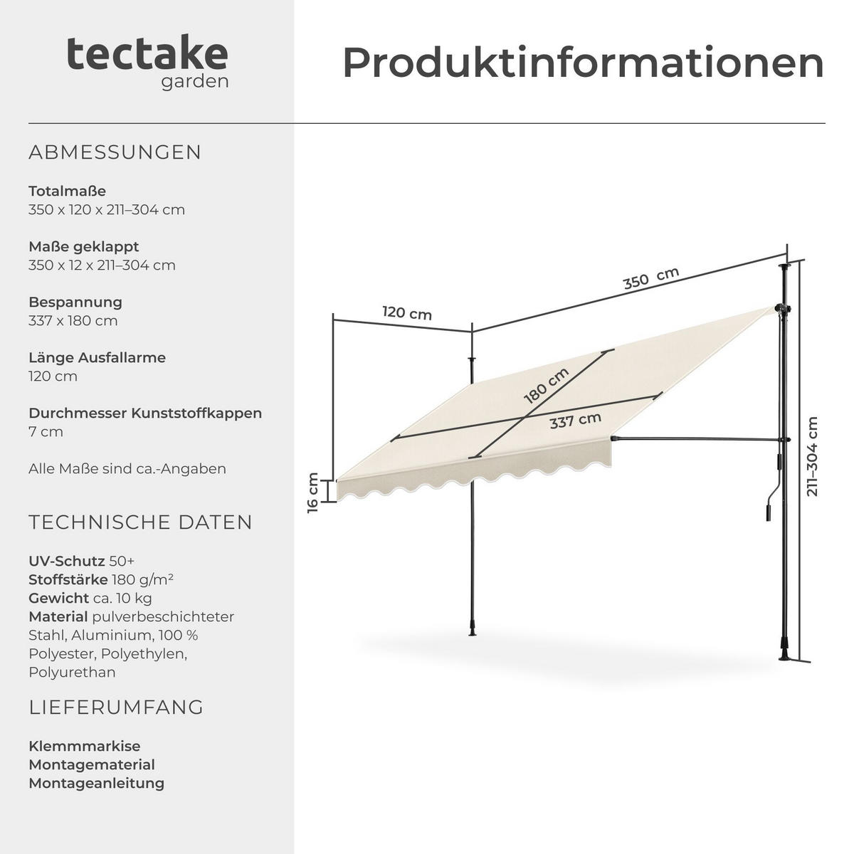 KLEMMMARKISE MIT HANDKURBEL , wasserabweisend, beige - Beige, Textil (350/304/180cm) - tectake