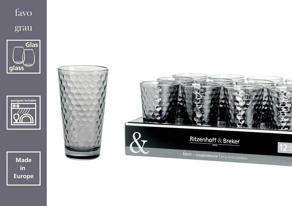 LONGDRINKGLÄSER Favo Grau 400 ml 6er Set - Grau, Glas (0.4L) - Ritzenhoff Breker