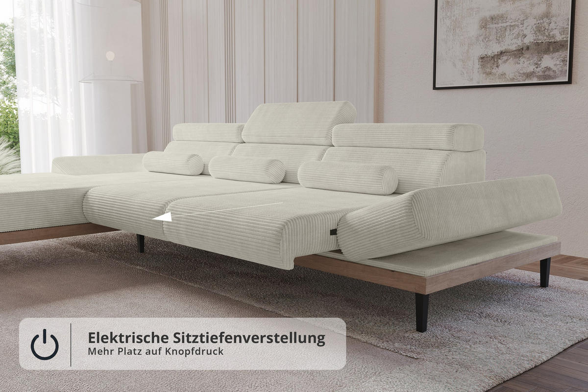 ELEKTRISCHES ECKSOFA Links MONA 316x205x85 Creme Cord - Ecru/Creme, Holzwerkstoff/Textil (316/205cm) - ALTDECOR