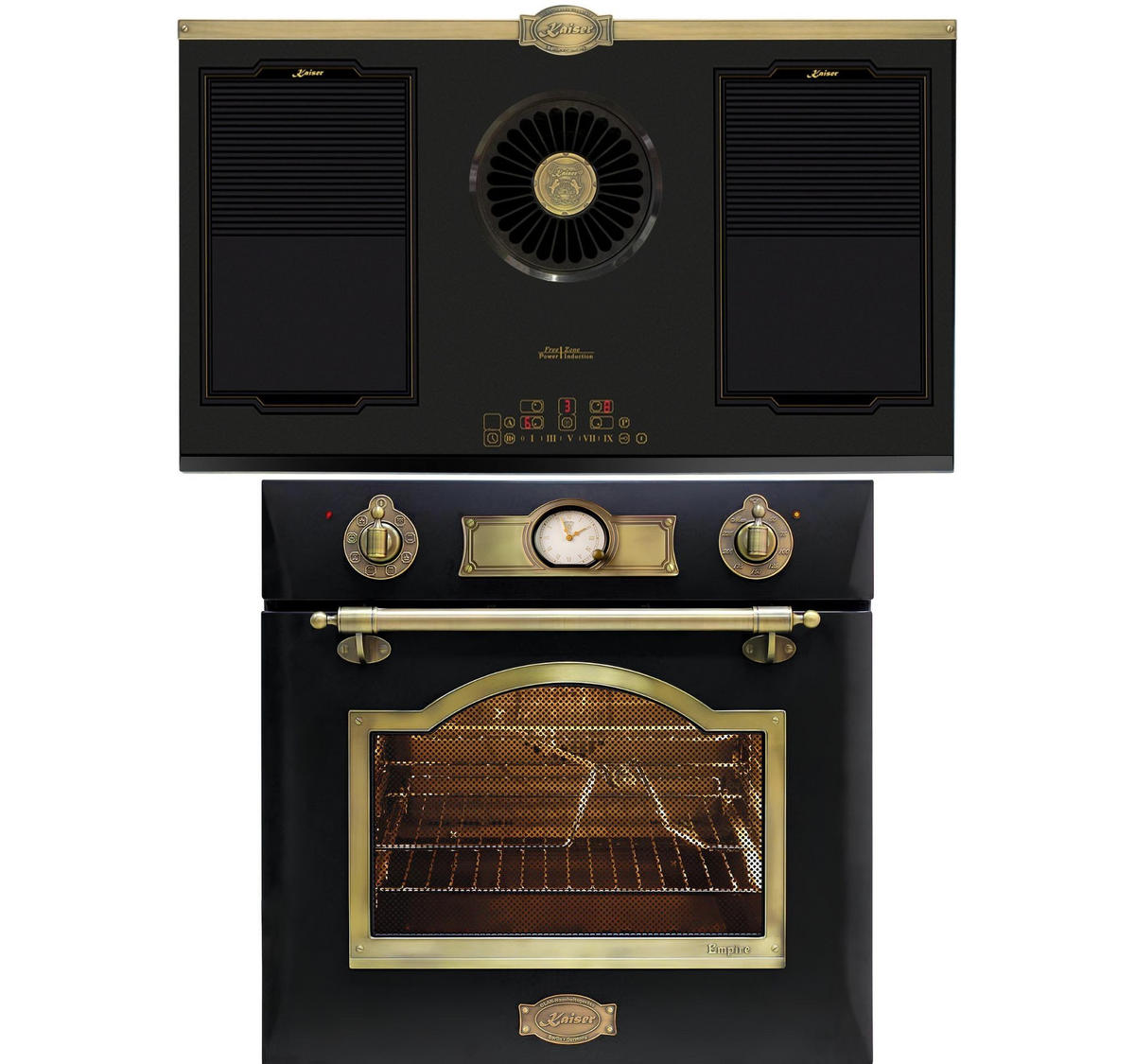 BACKOFEN-SET Elektro Backofen 60 cm EH 6355 Em+KCT 9365 Iem Induktionskochfeld mit integriertem Dunstabzug 1250 m³ - Schwarz, Metall (59.4/59.4/57.5cm) - Kaiser Küchengeräte