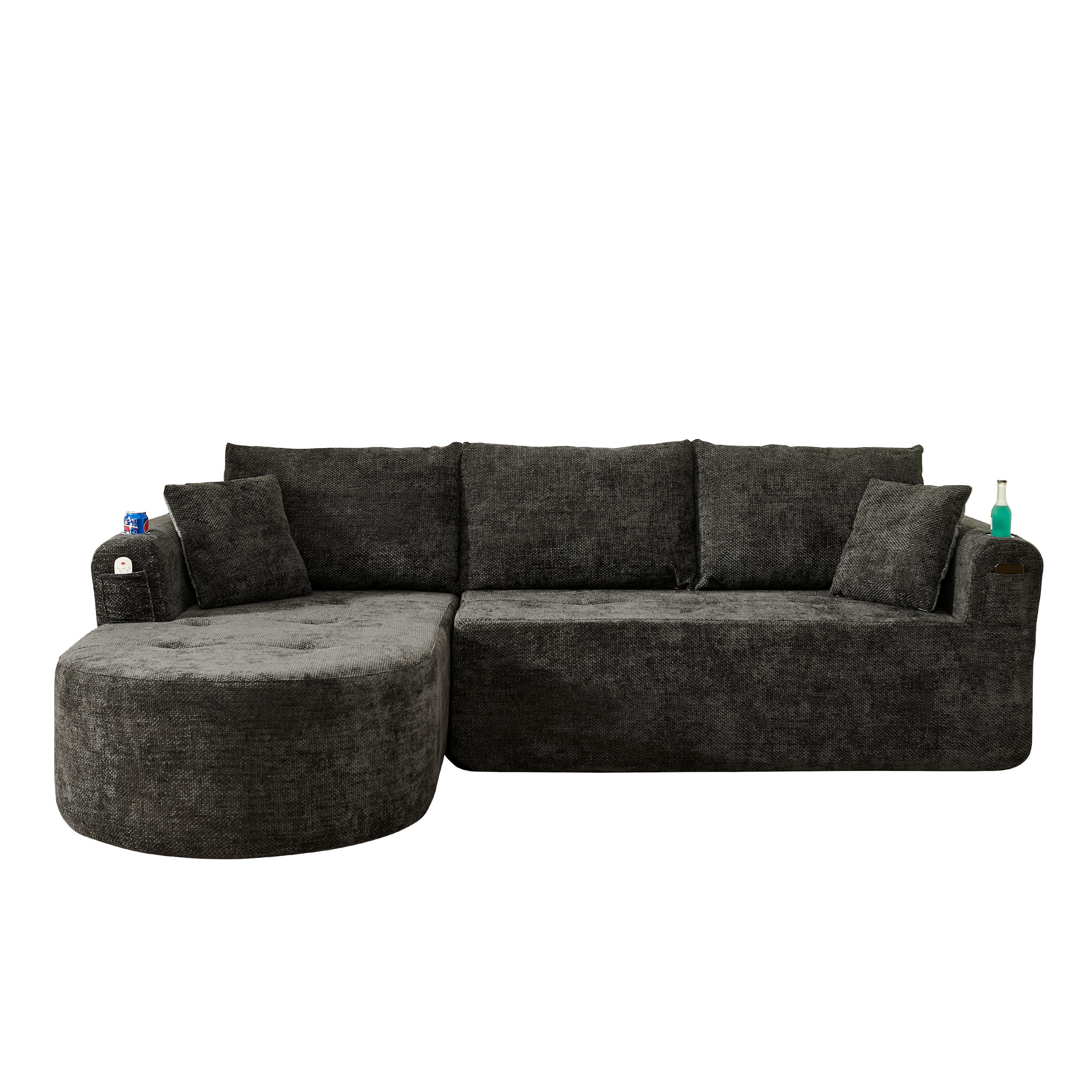 L-FÖRMIGES ECKSOFA Schwarz 255/170/67 cm 3-Sitzer mit Becherhalter und Seitentaschen - Schwarz, Textil (255/170cm) - PANGIVO