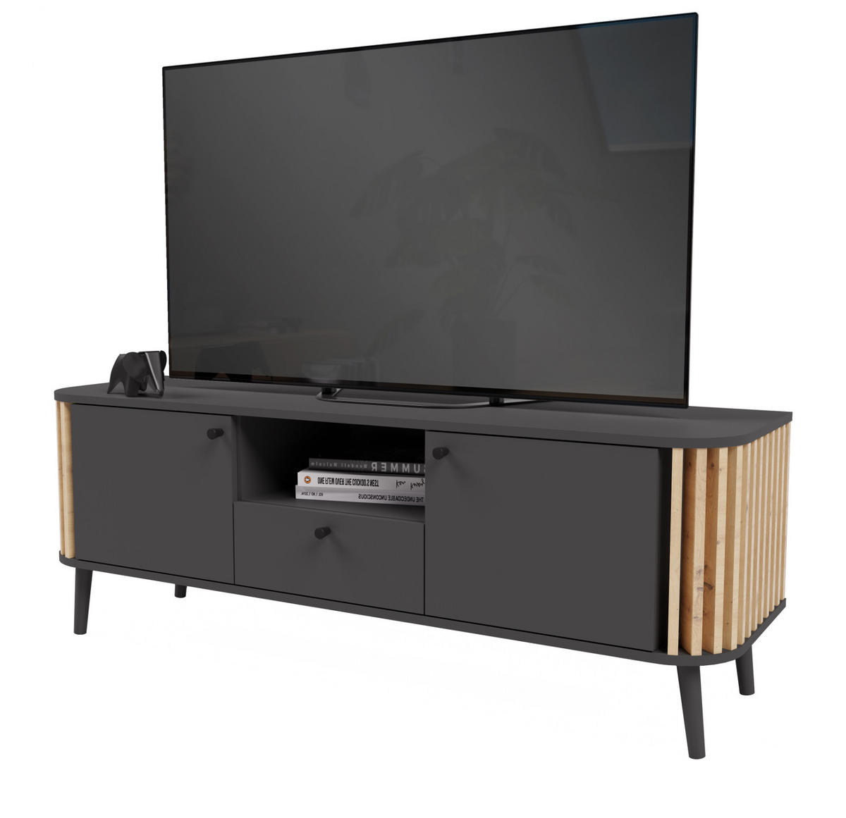 TV-LOWBOARD grau, Eiche Artisan 138 cm, Fernsehtisch mit 3D-Lamellen - Dunkelgrau/Schwarz, Holzwerkstoff/Metall (138/50/40cm) - Inn.Furn