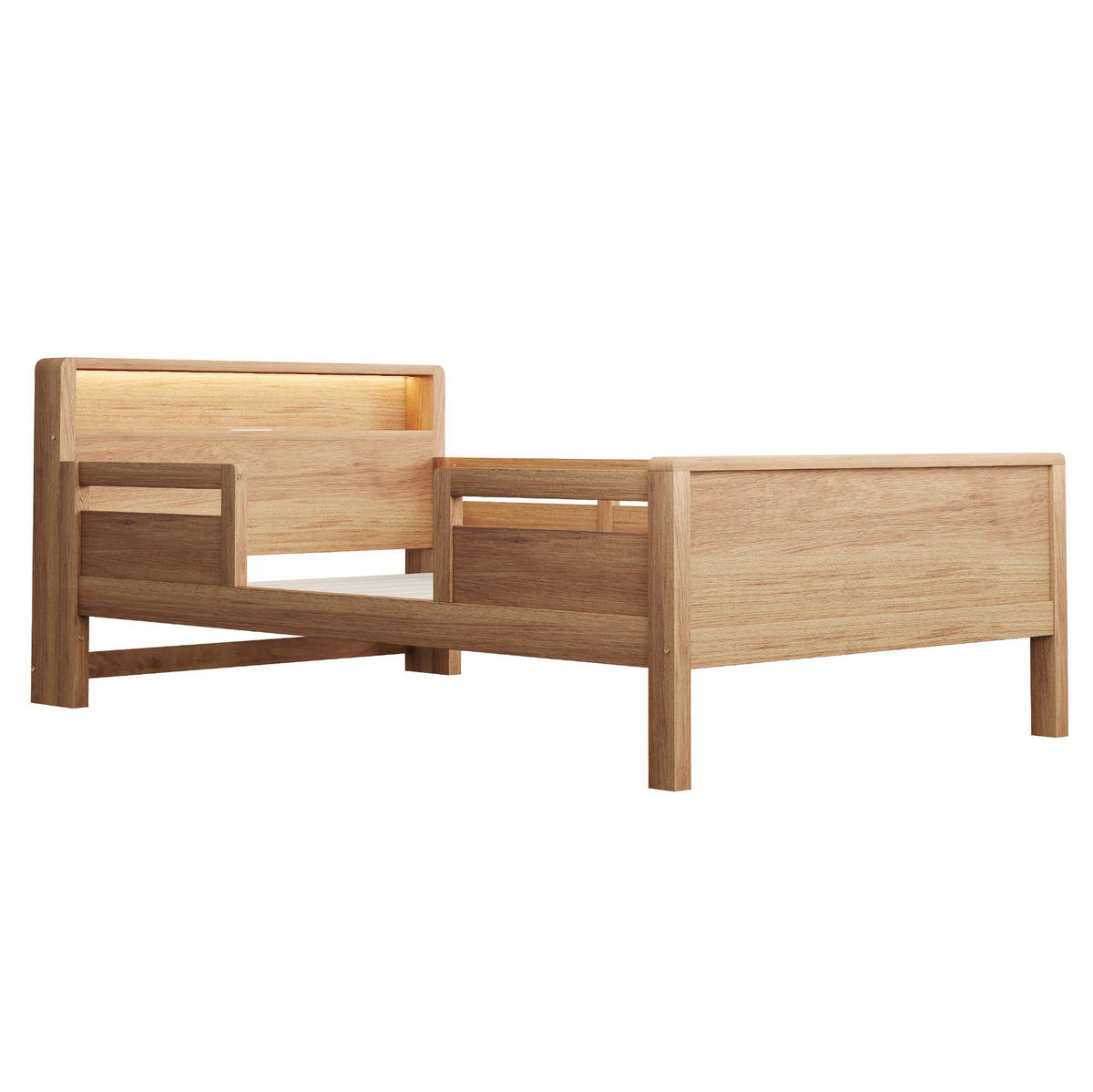 KINDERBETT 90x200 cm in Naturholz mit LED-Leuchte, USB- und Typ-C-Anschluss - Naturfarben, Holz (90/200cm) - IVMEU