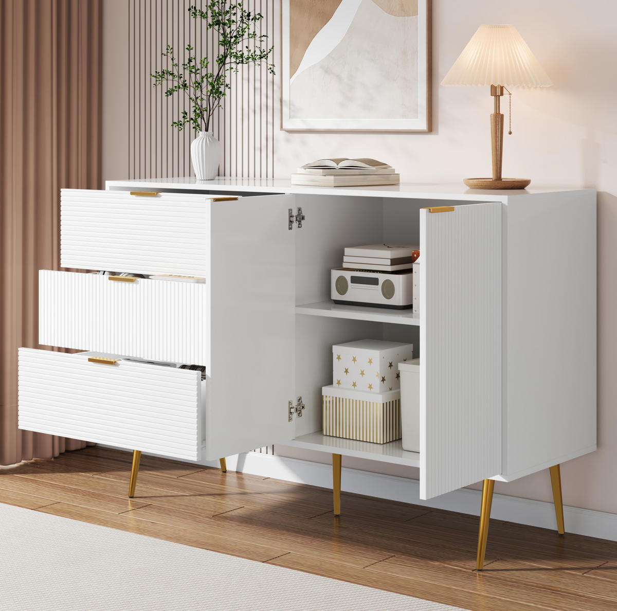 SIDEBOARD aus MDF 120x38x80,5 cm Weiß/Gold mit 3 Schubladen und 2 Türen - Weiß, Holzwerkstoff (120/80.5/38cm) - IVMEU