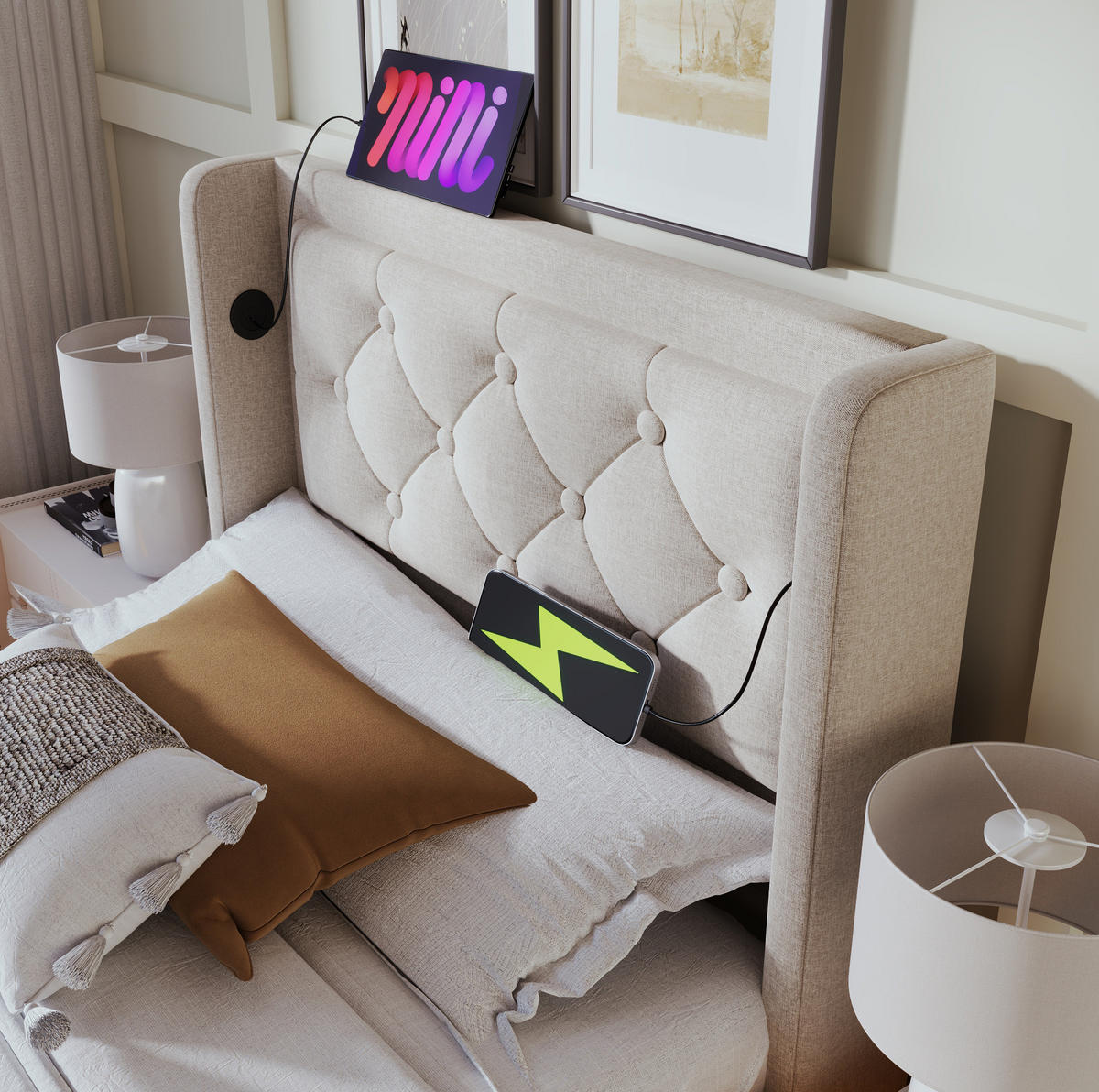 POLSTERBETT 90/200 cm Beige aus Baumwolle mit LED, USB Typ-C und Stauraum - Beige, Textil (90/200cm) - OKMYHOME