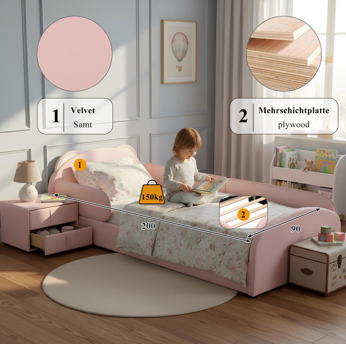 KINDERBETT 90/200 cm in Rosa mit Bären-Kopfteil und Nachttisch - Rosa, Textil (90/200cm) - Flora Grace